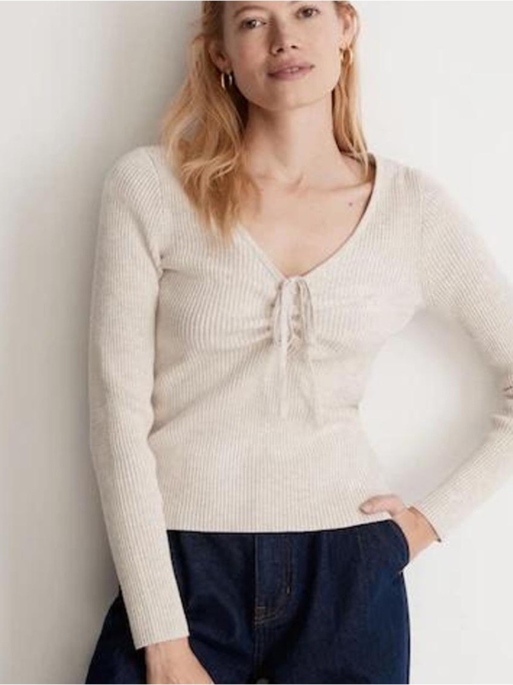 Madewell Riverbend V-Neck Ribbed Cinched Pullover in Heather Stone